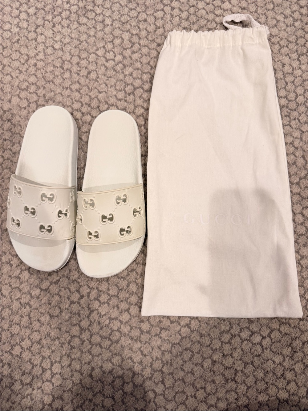 Gucci Cream White Embossed Interlocking G Slide Sandals